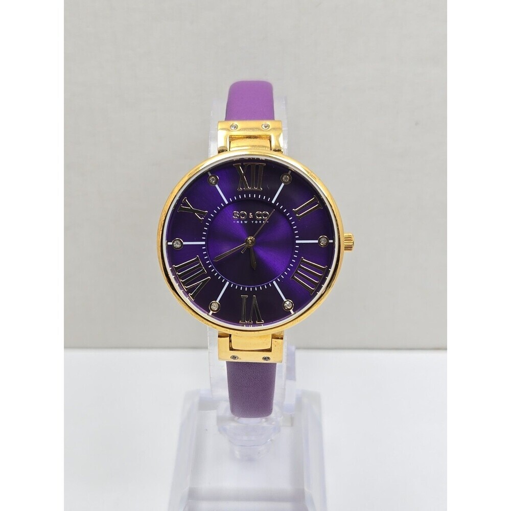 SO & CO New York Womens Studio 34mm Purple Gold Tone Leather Watch New Battery